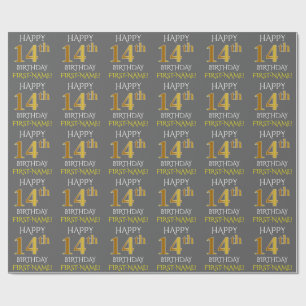 Grau, Imitate Gold "HAPPY 14. BIRTHDAY" Geschenkpapier