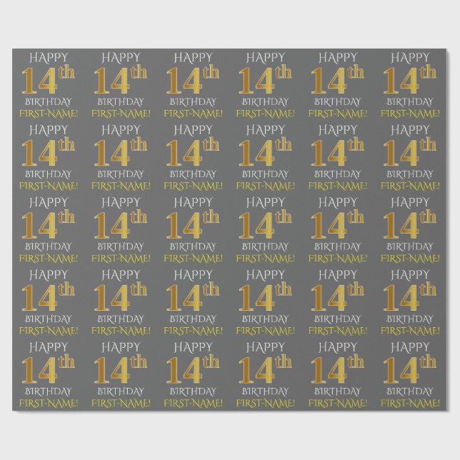 Grau, Imitate Gold "HAPPY 14. BIRTHDAY" Geschenkpapier (Flach)