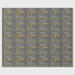 Grau, Imitate Gold "HAPPY 17. BIRTHDAY" Geschenkpapier