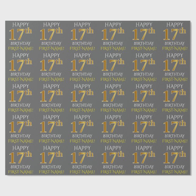 Grau, Imitate Gold "HAPPY 17. BIRTHDAY" Geschenkpapier (Flach)