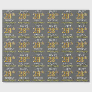 Grau, Imitate Gold "HAPPY 28. BIRTHDAY" Geschenkpapier