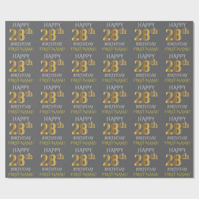 Grau, Imitate Gold "HAPPY 28. BIRTHDAY" Geschenkpapier (Flach)