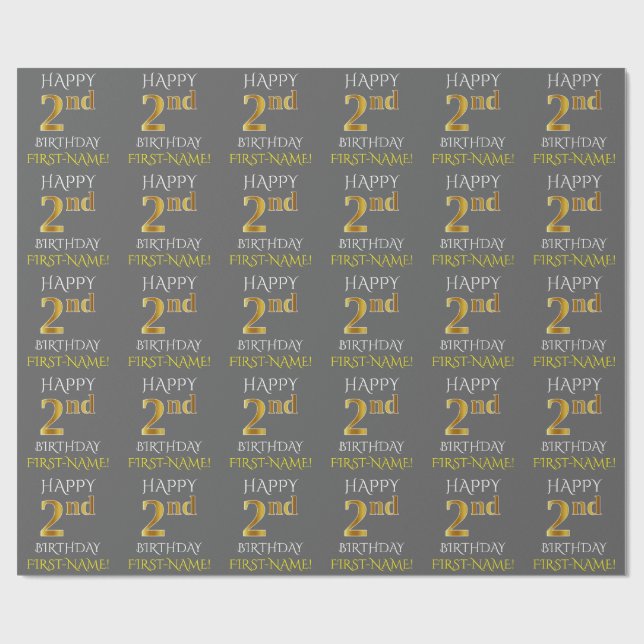 Grau, Imitate Gold "HAPPY 2nd BIRTHDAY" Geschenkpapier (Flach)