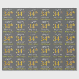 Grau, Imitate Gold "HAPPY 34. BIRTHDAY" Geschenkpapier