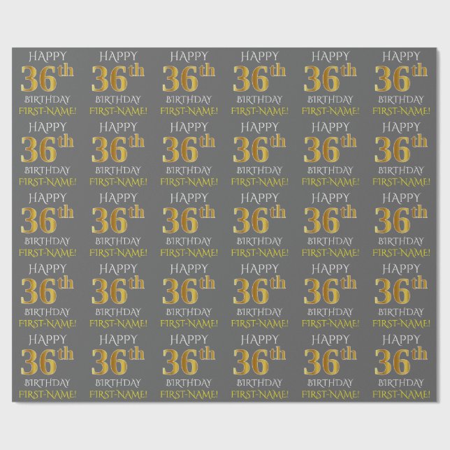 Grau, Imitate Gold "HAPPY 36. BIRTHDAY" Geschenkpapier (Flach)