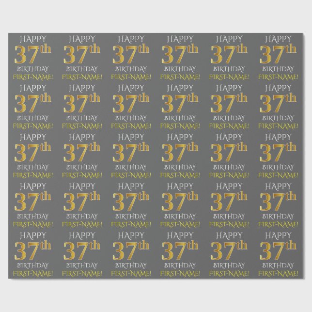 Grau, Imitate Gold "HAPPY 37. BIRTHDAY" Geschenkpapier (Flach)