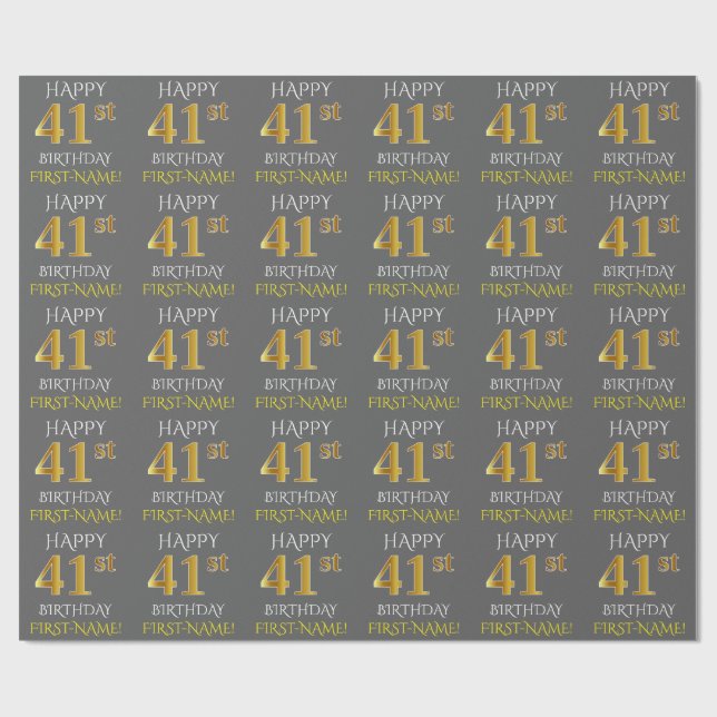 Grau, Imitate Gold "HAPPY 41. BIRTHDAY" Geschenkpapier (Flach)