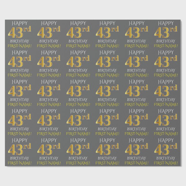 Grau, Imitate Gold "HAPPY 43. BIRTHDAY" Geschenkpapier (Flach)