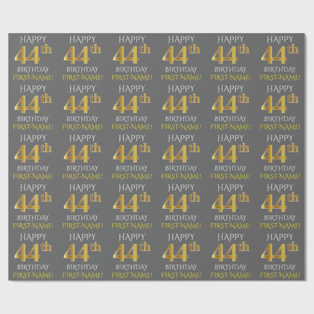 Grau, Imitate Gold "HAPPY 44. BIRTHDAY" Geschenkpapier (Flach)