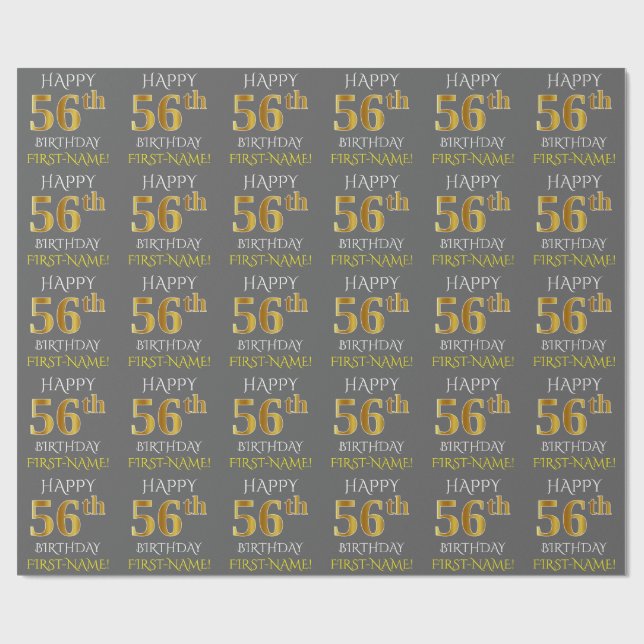Grau, Imitate Gold "HAPPY 56. BIRTHDAY" Geschenkpapier (Flach)