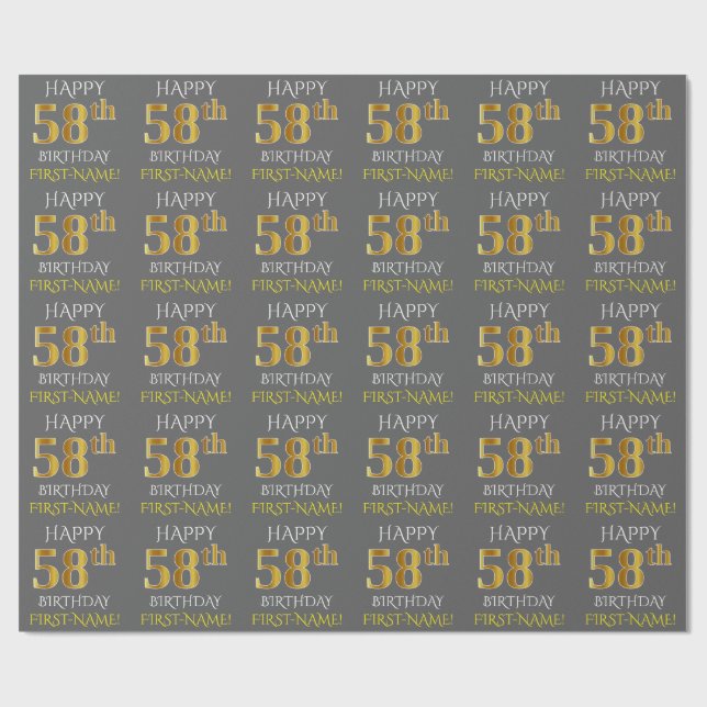 Grau, Imitate Gold "HAPPY 58. BIRTHDAY" Geschenkpapier (Flach)