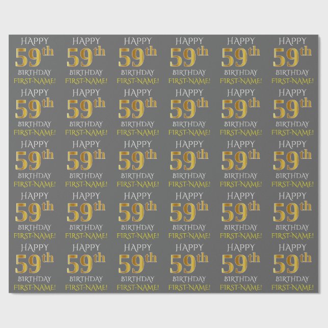 Grau, Imitate Gold "HAPPY 59. BIRTHDAY" Geschenkpapier (Flach)