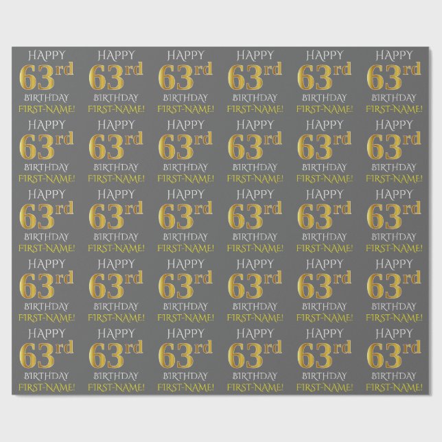 Grau, Imitate Gold "HAPPY 63. BIRTHDAY" Geschenkpapier (Flach)
