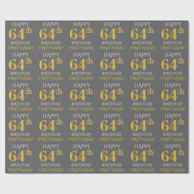 Grau, Imitate Gold "HAPPY 64. BIRTHDAY" Geschenkpapier (Flach)