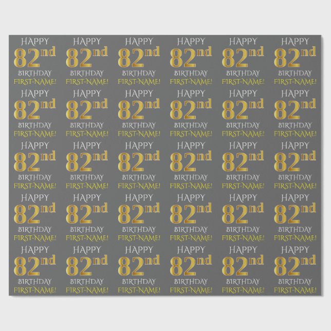 Grau, Imitate Gold "HAPPY 82. BIRTHDAY" Geschenkpapier (Flach)