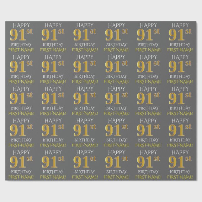 Grau, Imitate Gold "HAPPY 91. BIRTHDAY" Geschenkpapier (Flach)