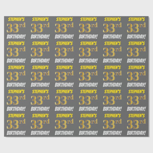 Grau, Imitate/Nachahmungen Gold, "33. BIRTHDAY" Geschenkpapier (Flach)