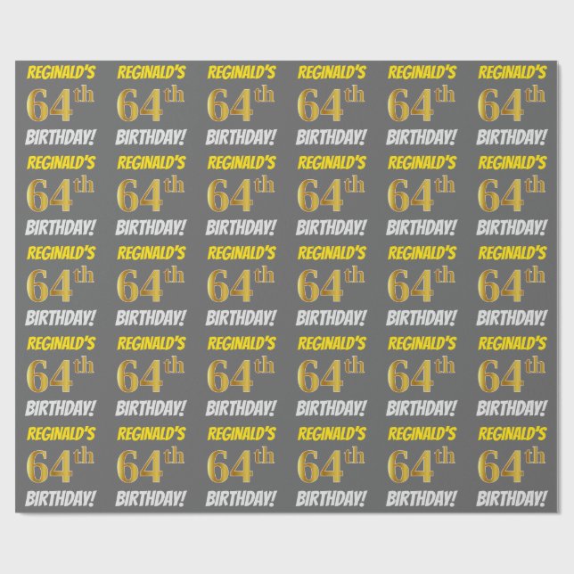 Grau, Imitate/Nachahmungen Gold, "64. BIRTHDAY" Geschenkpapier (Flach)
