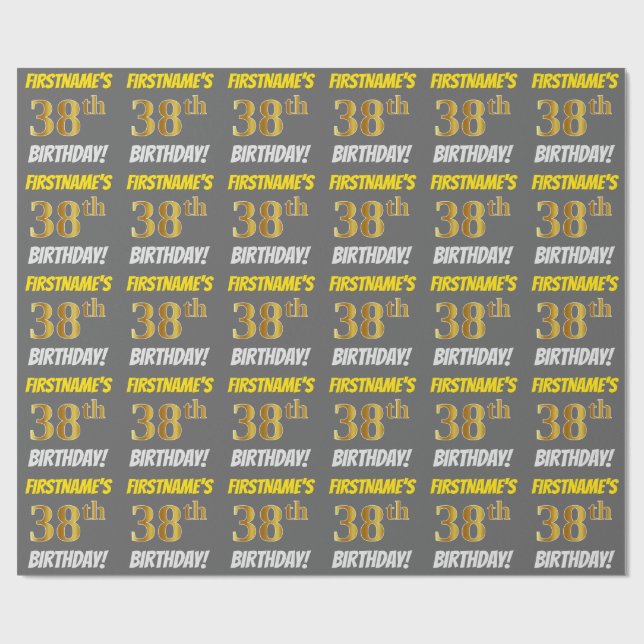 Grau, Imitate/Nachahmungs-Gold, "38. BIRTHDAY" Geschenkpapier (Flach)
