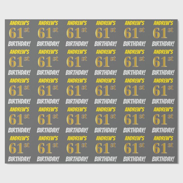 Grau, Imitate/Nachahmungs-Gold, "61. BIRTHDAY" Geschenkpapier (Flach)