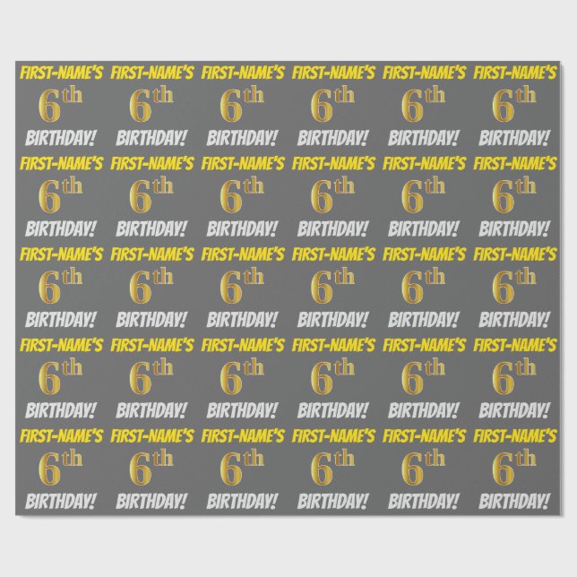 Grau, Imitate/Nachahmungs-Gold, "6. BIRTHTAG" Geschenkpapier (Flach)