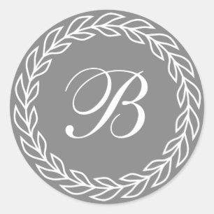 Grau Laurel Wreath mit benutzerdefinierter Monogra Runder Aufkleber