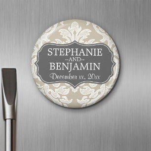 Grau & Leinen Beige Damast Muster Hochzeitsgunst Magnet