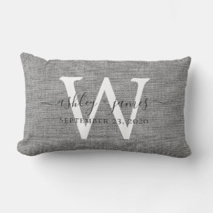 Grau-Linen-White-Monogramm-Hochzeitskeepake Lendenkissen