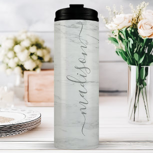 Grau Marmor Chic Stylische Signatur-Schriftart Nam Thermosbecher