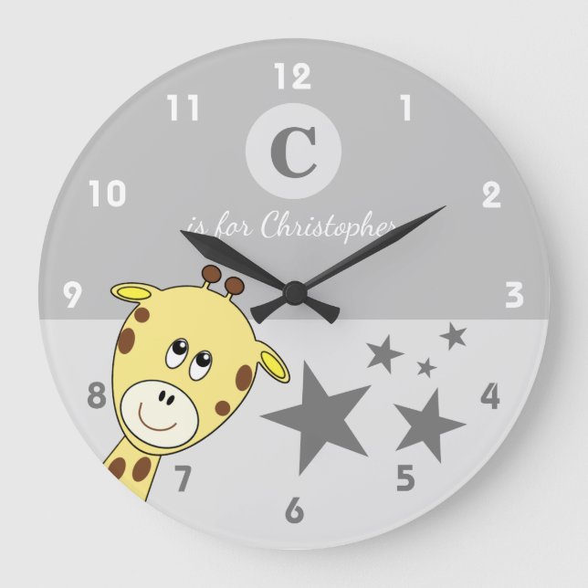 Grau mit einem niedlichen Giraffensternamen Große Wanduhr (Vorderseite)