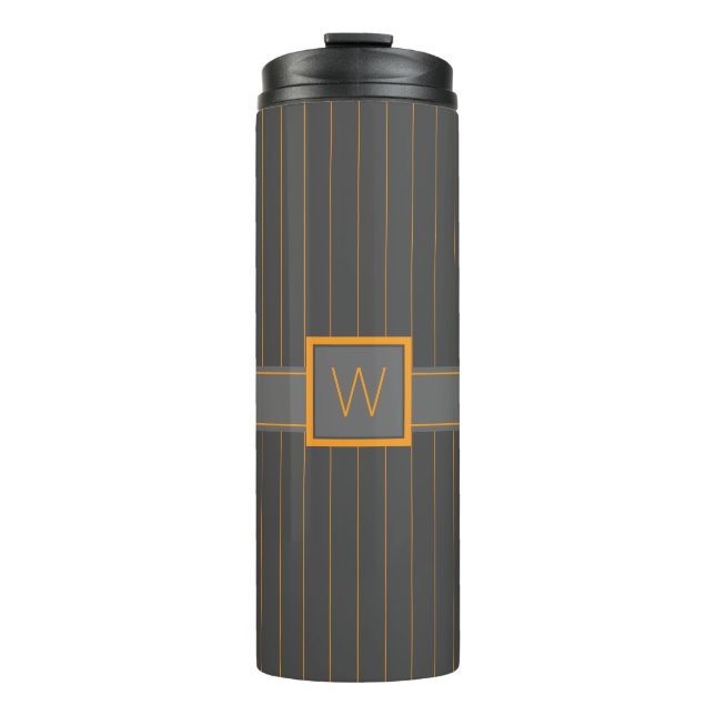 Grau mit Orange Pinstripes Thermal Tumbler Thermosbecher (Vorderseite)