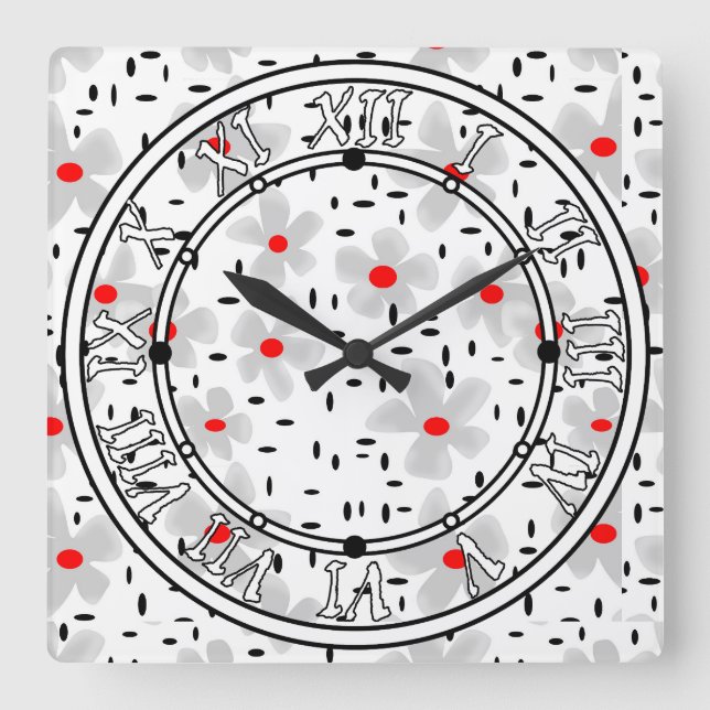 grau mit roten Blume auf weißem Hintergrund Retro Quadratische Wanduhr (Vorderseite)