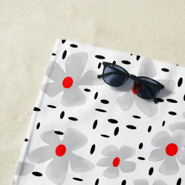 grau mit roten Blume auf weißem Hintergrund Retro Strandtuch (Beispiel)