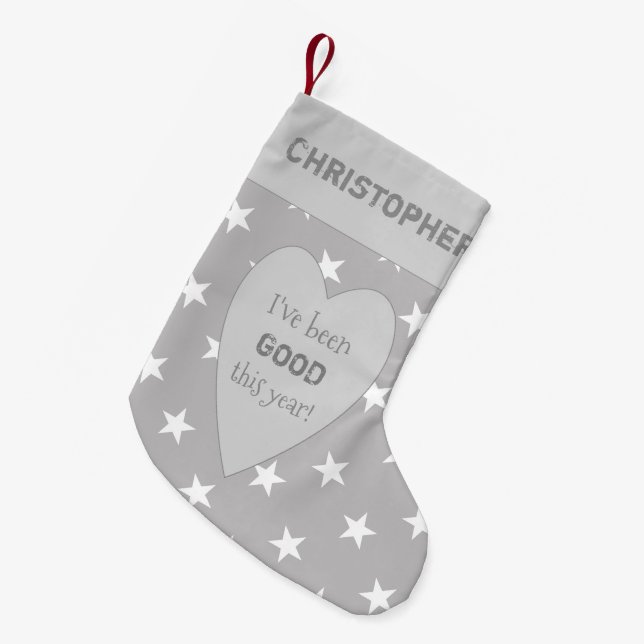 Grau mit Sternen und Namen war ich gut Kleiner Weihnachtsstrumpf (Vorderansicht (hängend))