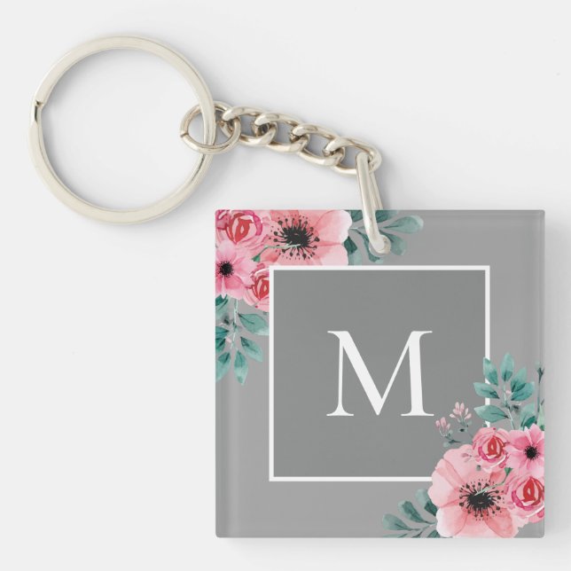 Grau | Monogramm-Schlüsselring für florales Foto Schlüsselanhänger (Vorderseite)