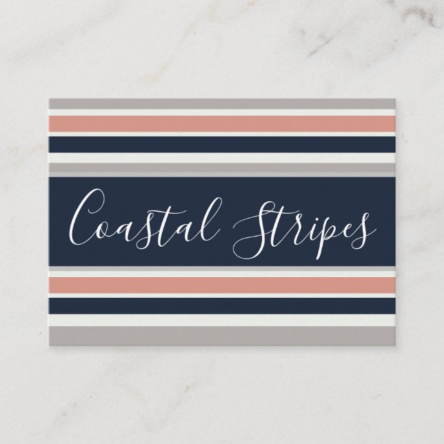 Grau Navy Blue Pink Coastal Stripes Muster Visitenkarte (Vorderseite)