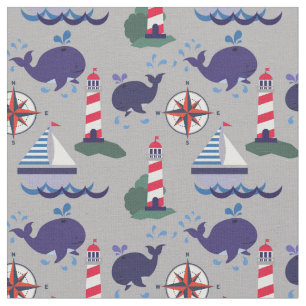 Grau, Navy Blue und Red, Wale nautisch Stoff