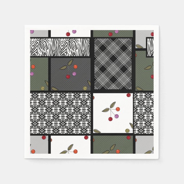 Grau Olive rustikales Patchworkmuster Serviette (Vorderseite)