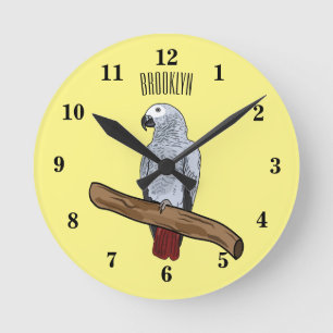 Grau-Papagei-Cartoon Runde Wanduhr