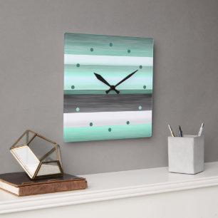 Grau Pastell Mintgrün Schwarz Wasserfarbe Streifen Quadratische Wanduhr
