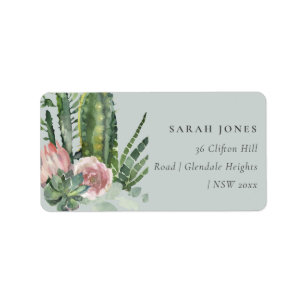 GRAU PINK FLORAL CACTI FOLIAGE WATERCOLOR ADRESSE ADRESSAUFKLEBER