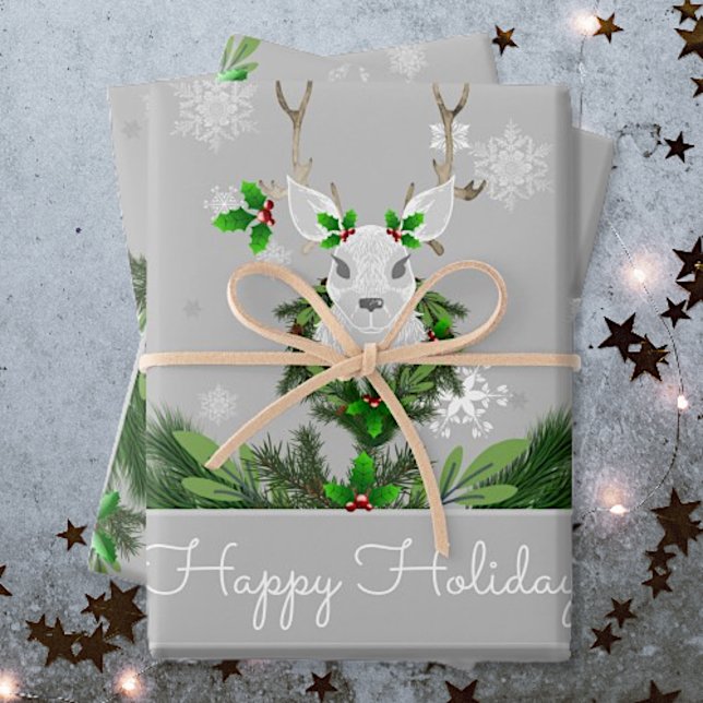 Grau-Rentier-Wrapping Paper Geschenkpapier Set (Gray Reindeer Wrapping Paper Sheets)