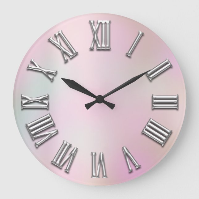 Grau. Rosa Silver Roman Number Holographic Große Wanduhr (Vorderseite)