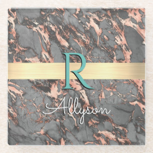 Grau- & Roségoldmarmor, Goldbarren, Name & Monogra Glasuntersetzer