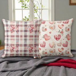 Grau-rote Gingham-Herzen doppelseitig Kissen