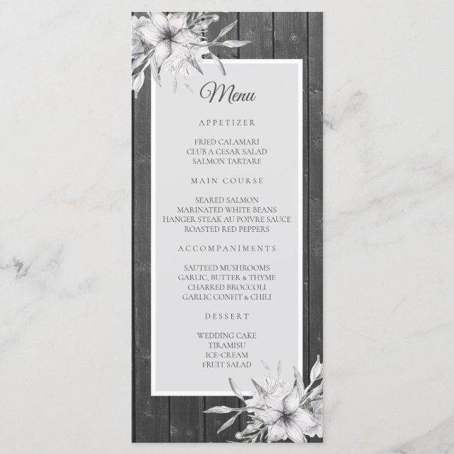 Grau rustikal. Blumenholzstall Menükarte (Vorderseite)