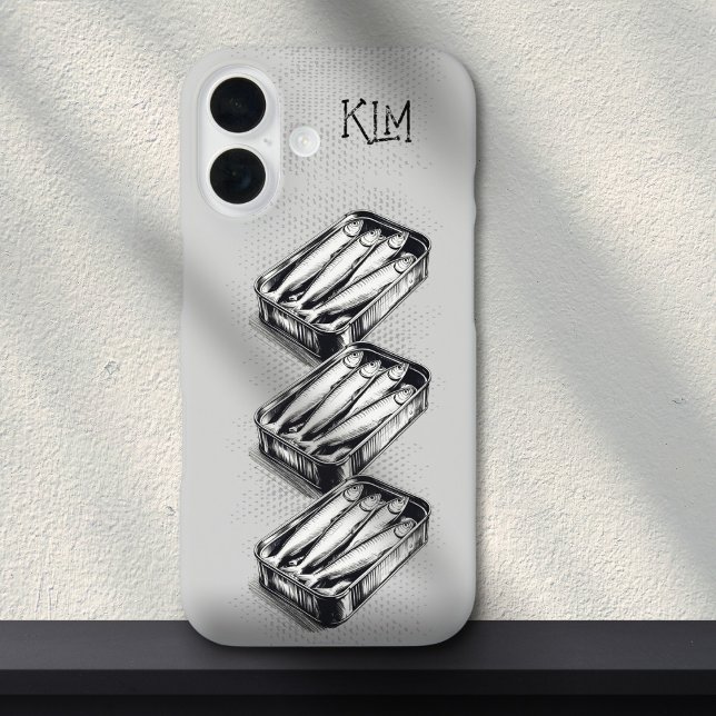 Grau Sardine Art Grunge Zeichnend Custom Monogram iPhone 16 Hülle (Von Creator hochgeladen)