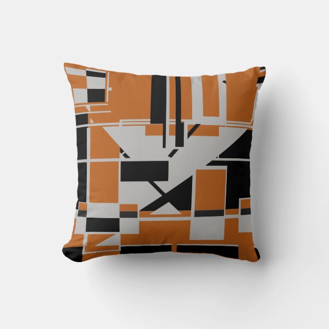 Grau Schwarz auf Orange Geometric Abstrakt Labyrin Kissen (Vorderseite)