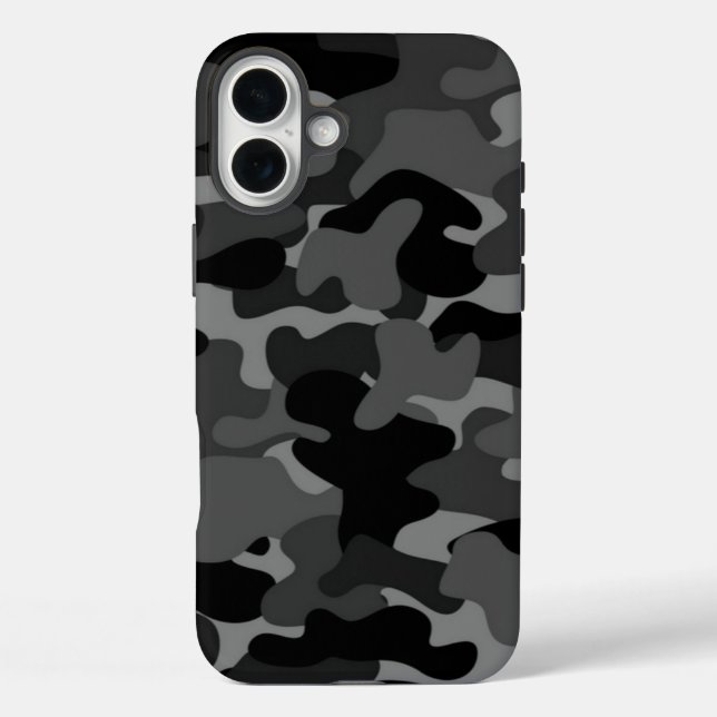 Grau-Schwarz-Camouflage iPhone 16 Plus Hülle (Rückseite)