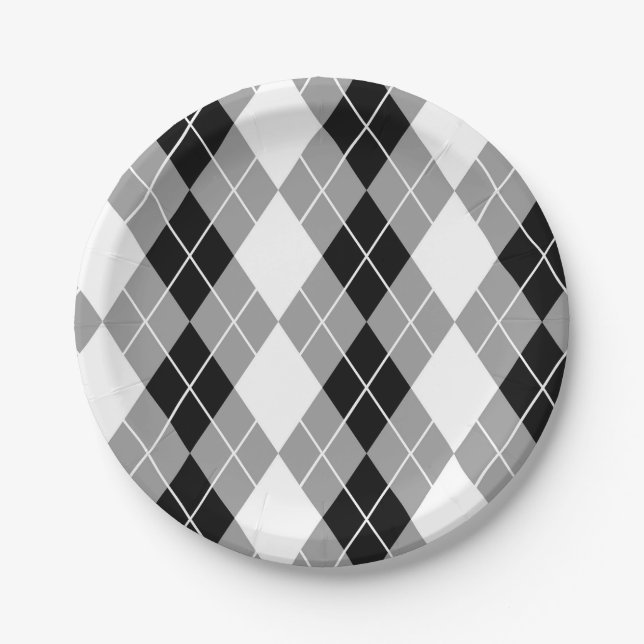 Grau Schwarz Weiß Argyle-Diamant-Design  Pappteller (Vorderseite)